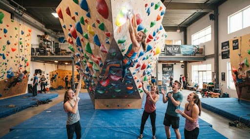A climber reaching the top of an indoor bouldering wall