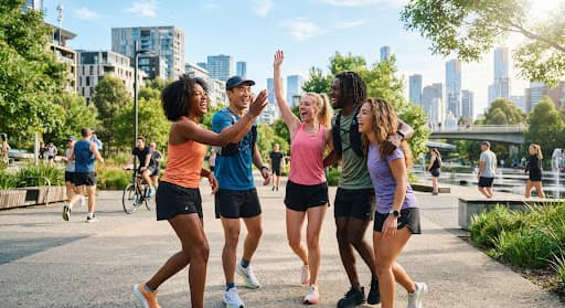 A group of friends high-fiving after a run in a city park