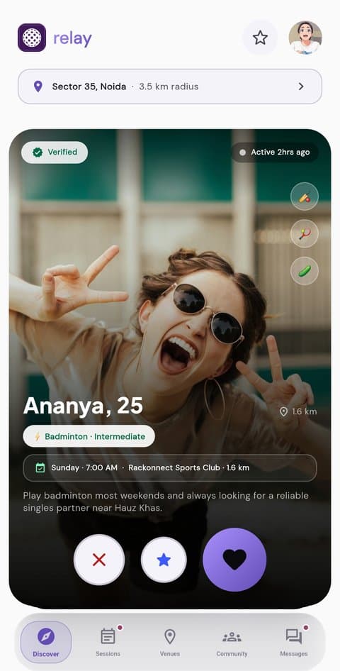 Discover screen showing a nearby activity partner profile