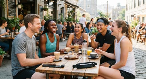 Friends laughing at an outdoor cafe after a run