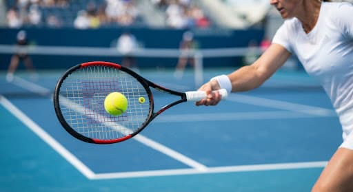 A tennis racket hitting a ball on a blue court